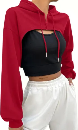 Hilinker Women's Zip Up Long Sleeve Cropped Hoodie Workout Drawstring Super Crop Tops