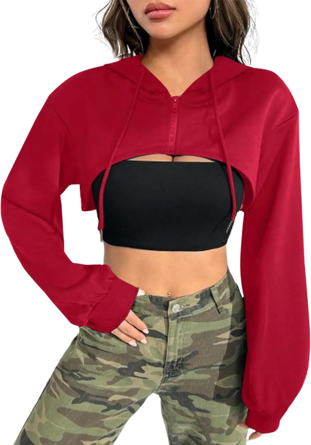 Hilinker Women's Zip Up Long Sleeve Cropped Hoodie Workout Drawstring Super Crop Tops