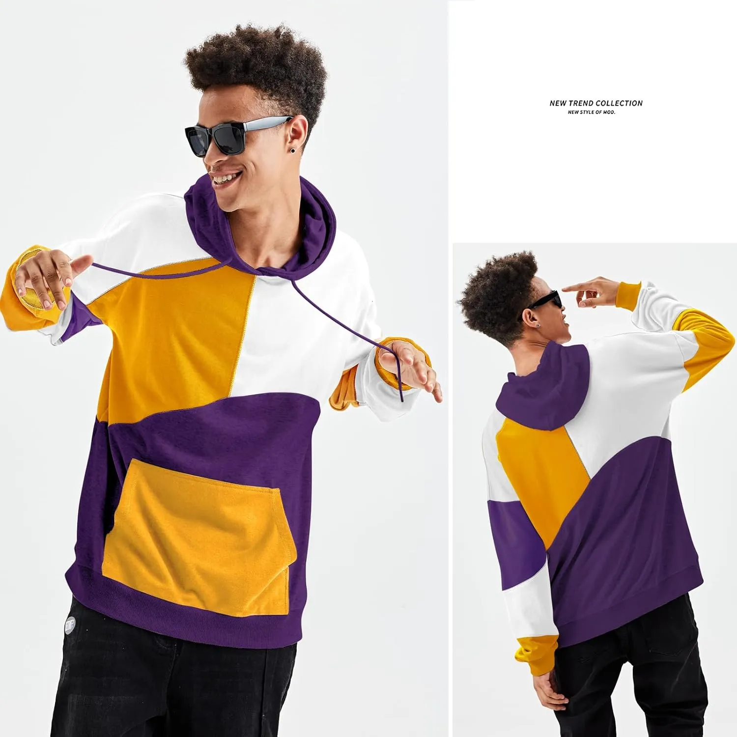 Hoodies for Men Color Block Hoodie with Design Hip Hop Colorful Hooded Pullover Novelty Sweatshirt