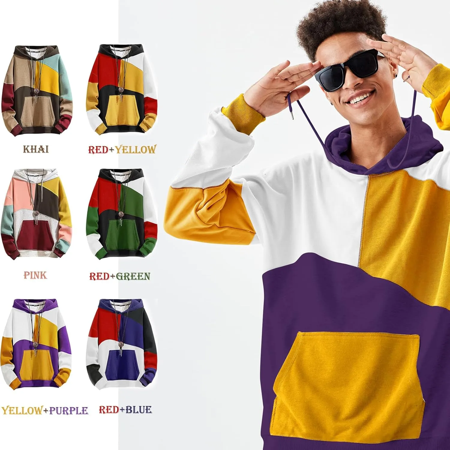 Hoodies for Men Color Block Hoodie with Design Hip Hop Colorful Hooded Pullover Novelty Sweatshirt