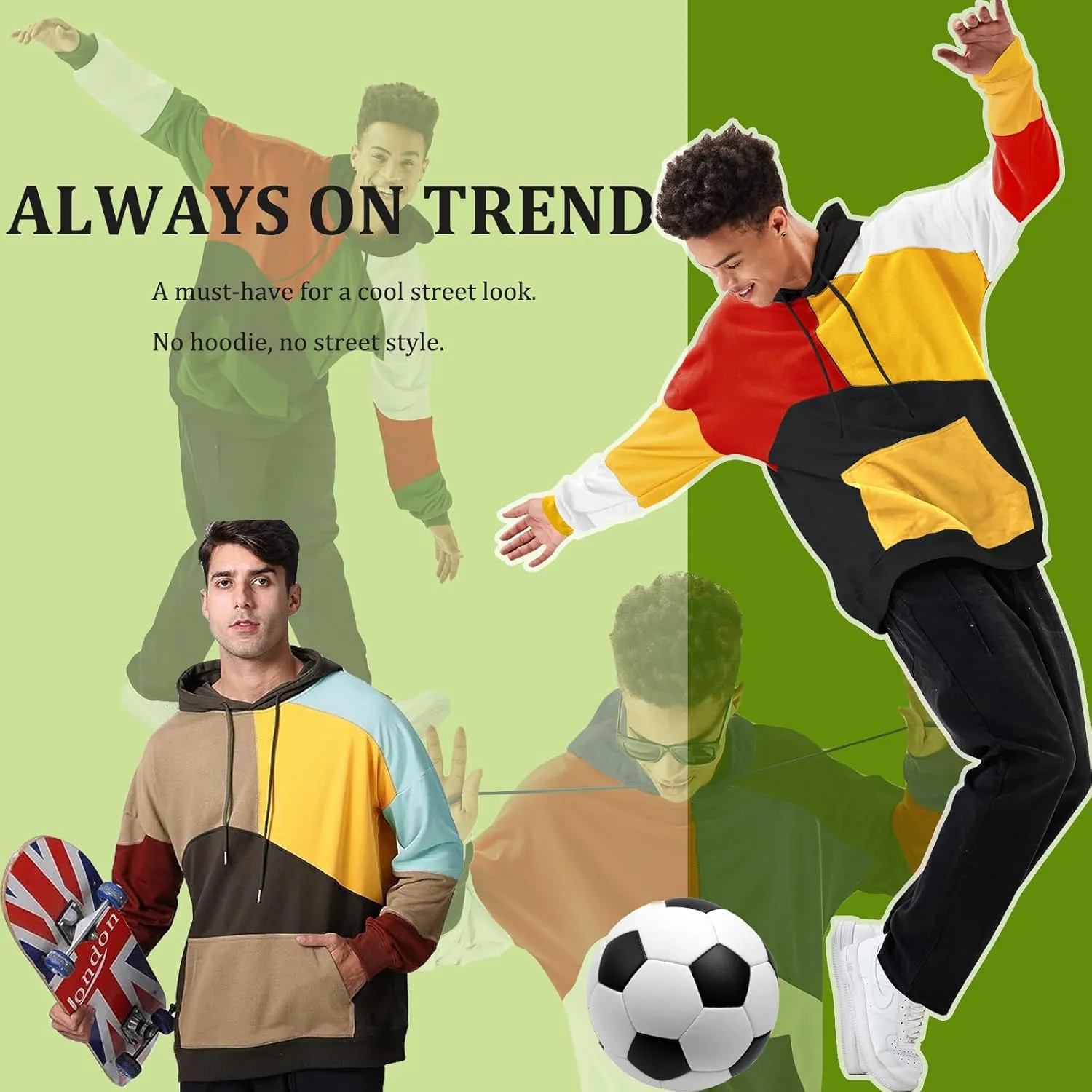 Hoodies for Men Color Block Hoodie with Design Hip Hop Colorful Hooded Pullover Novelty Sweatshirt