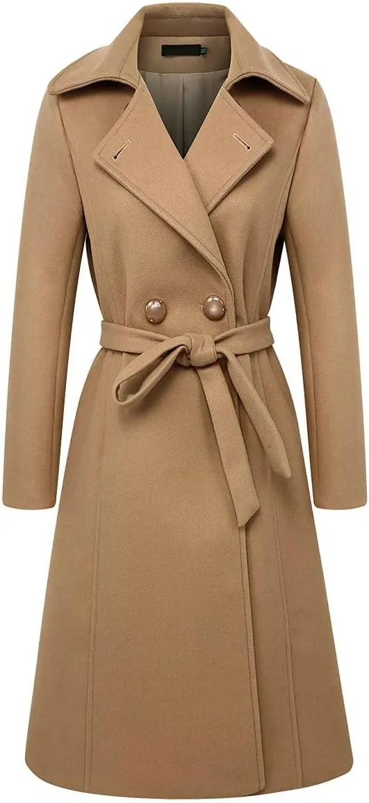 IDEALSANXUN Long Wool Coats for Women Double Breasted Vintage Fall Winter Pea Coat Jackets
