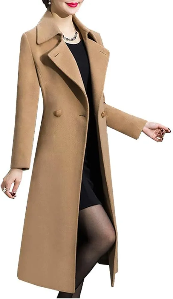 IDEALSANXUN Long Wool Coats for Women Double Breasted Vintage Fall Winter Pea Coat Jackets