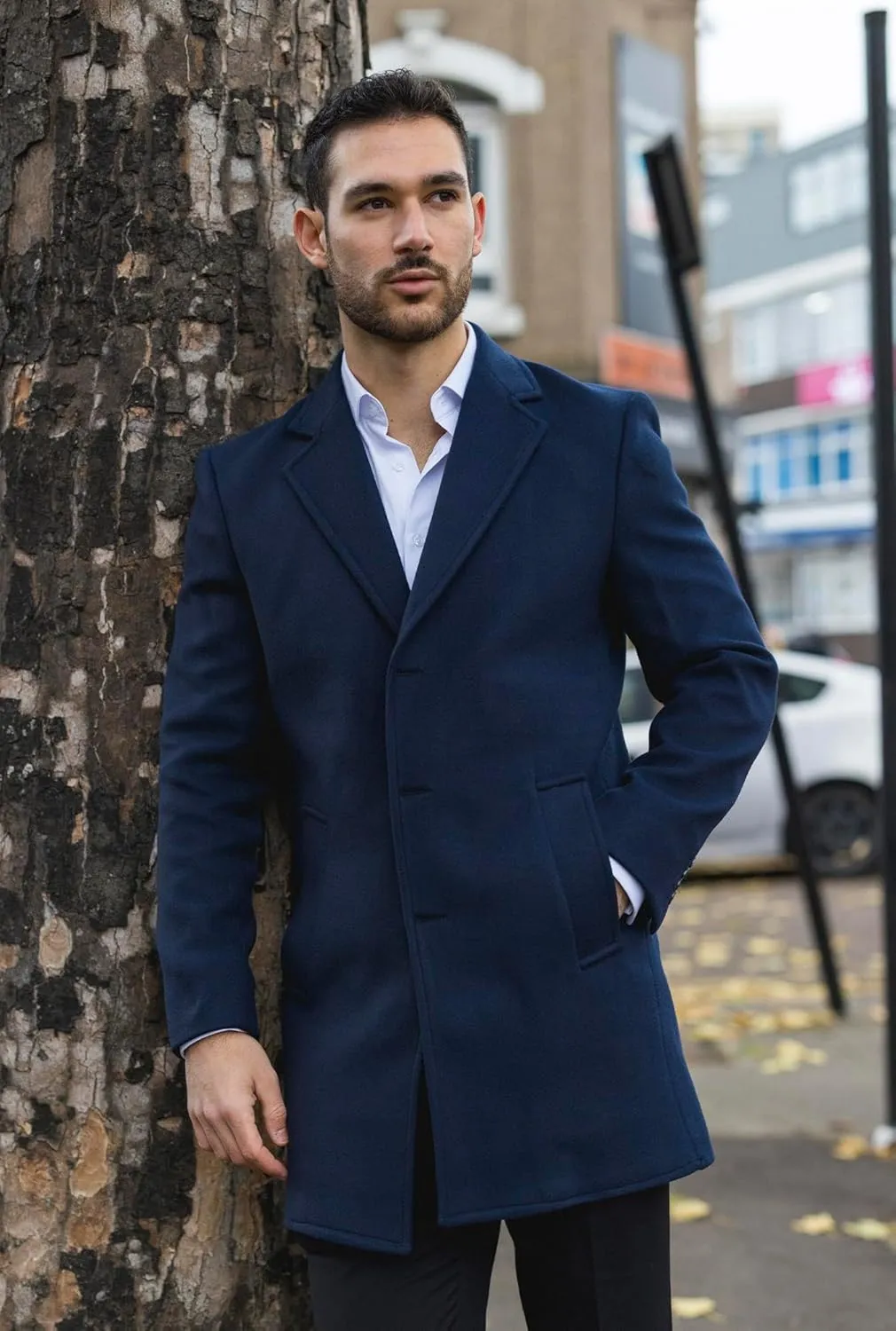 Infinity Leather Men's Wool Blend Overcoat Notched Lapel Winter Trench Coat Jacket