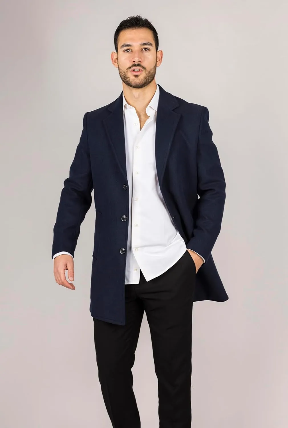 Infinity Leather Men's Wool Blend Overcoat Notched Lapel Winter Trench Coat Jacket