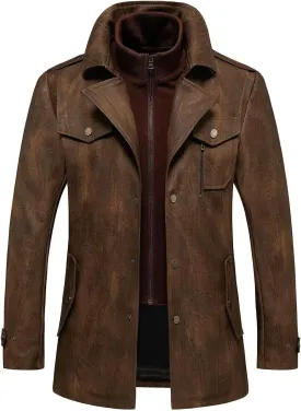 INVACHI Men's Leather Trench Coat Waterproof PU Windbreaker Jacket with Detachable Collar Overcoat