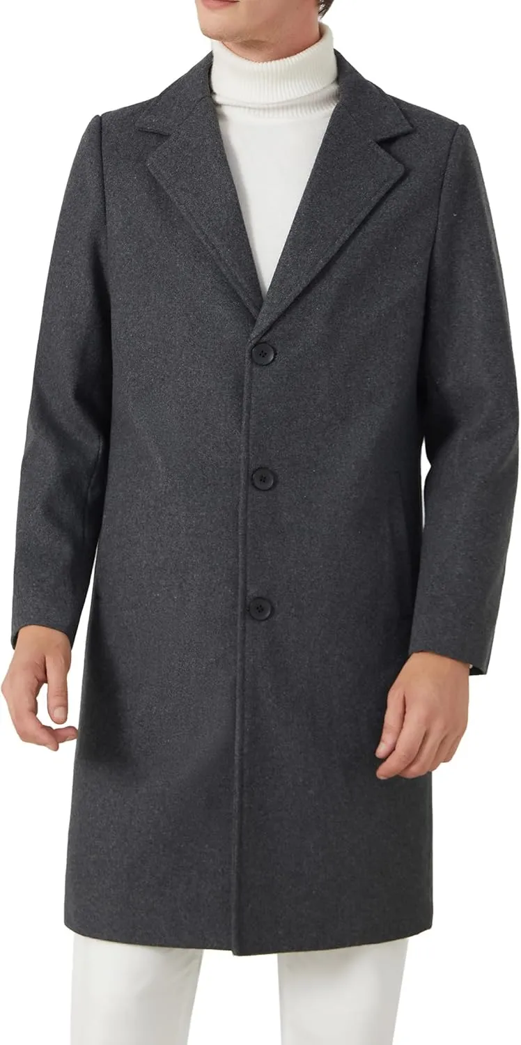 INVACHI Men's Wool Blend Long Trench Coat Notched Collar Single Breasted Overcoat Warm Winter Pea Coat