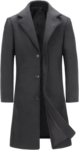 INVACHI Men's Wool Blend Long Trench Coat Notched Collar Single Breasted Overcoat Warm Winter Pea Coat