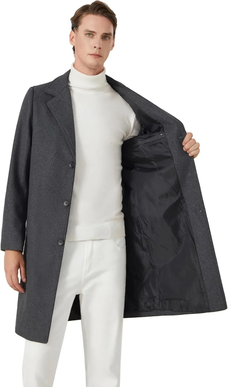 INVACHI Men's Wool Blend Long Trench Coat Notched Collar Single Breasted Overcoat Warm Winter Pea Coat