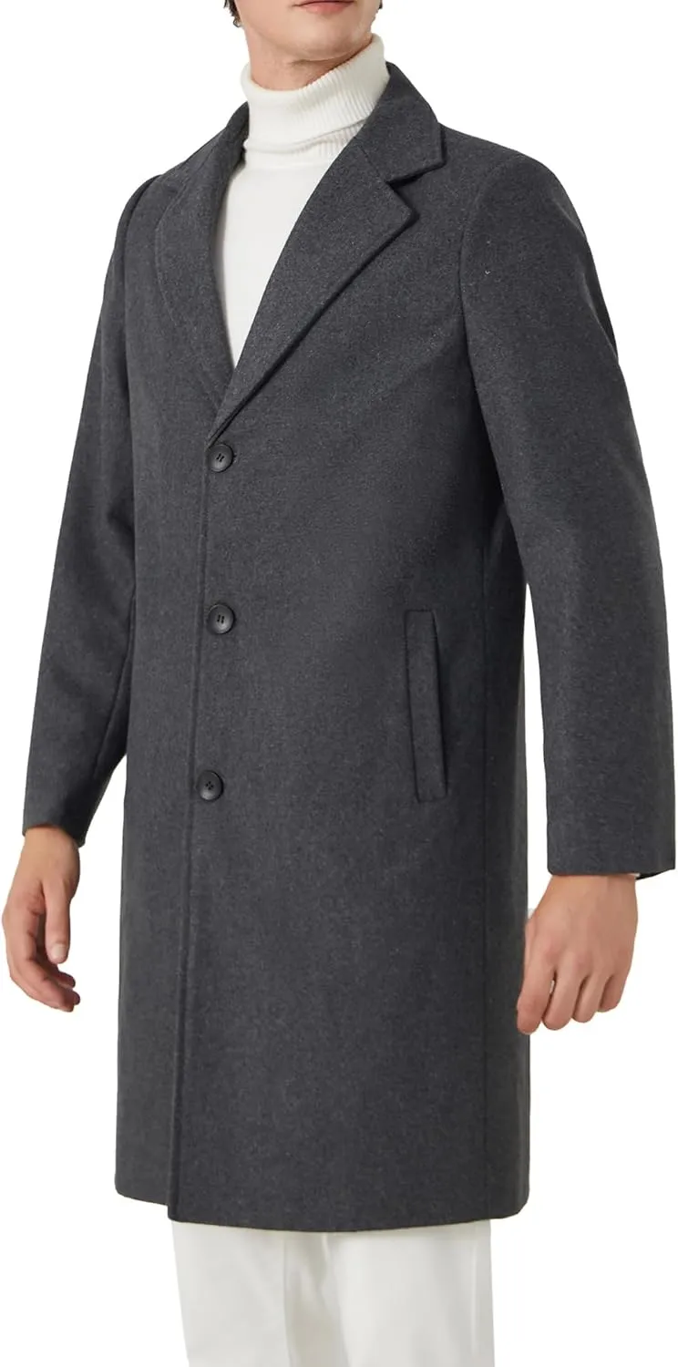 INVACHI Men's Wool Blend Long Trench Coat Notched Collar Single Breasted Overcoat Warm Winter Pea Coat
