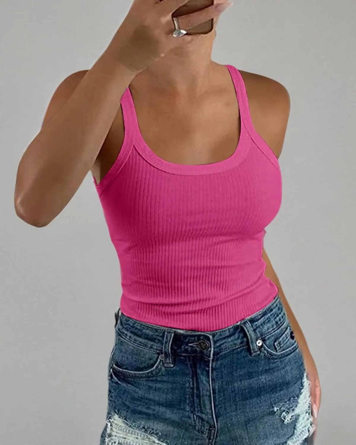 Ivay Womens Scoop Neck Ribbed Knit Tank Top Sleeveless Cotton Wife Beater Camisole Shirts