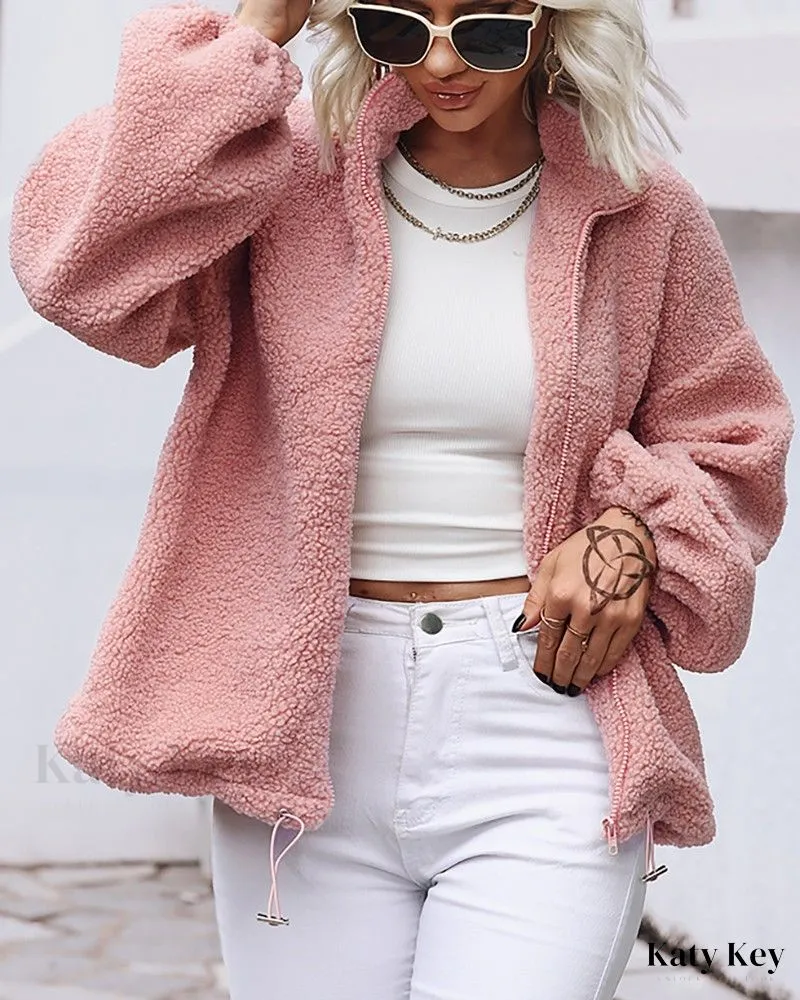 KatyKey - Chic and Stylish Lantern Sleeve Zip Front Teddy Coat