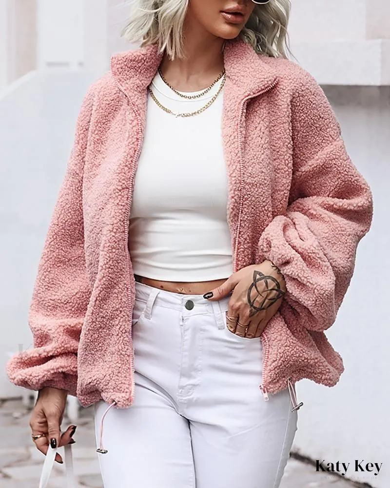KatyKey - Chic and Stylish Lantern Sleeve Zip Front Teddy Coat