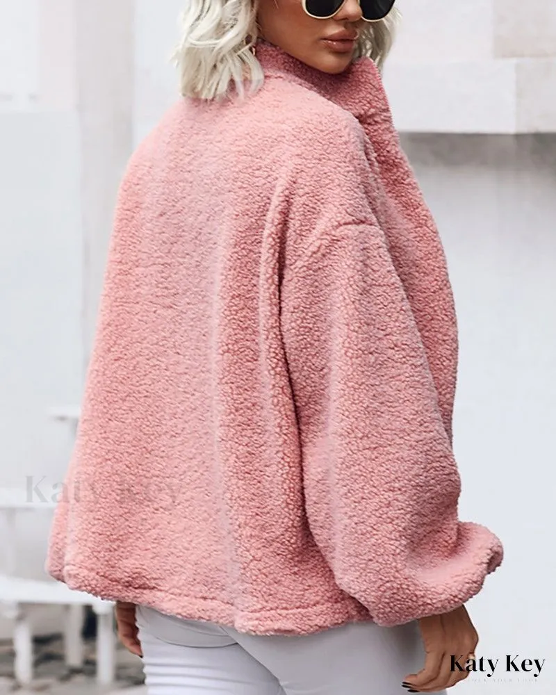 KatyKey - Chic and Stylish Lantern Sleeve Zip Front Teddy Coat