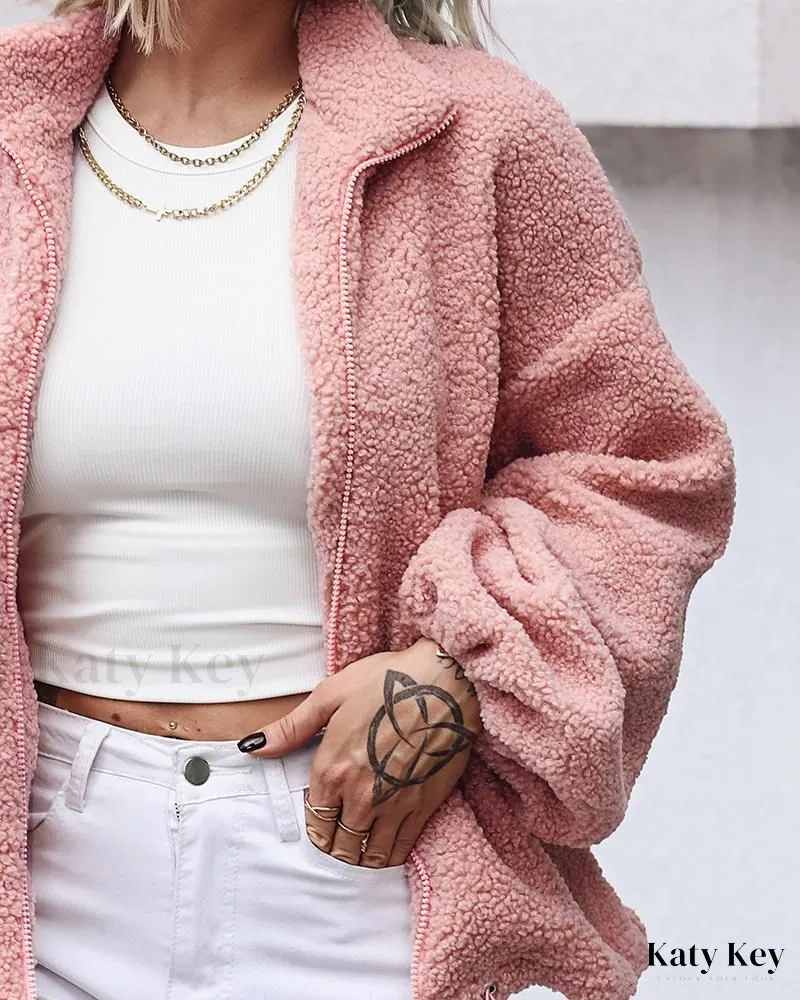 KatyKey - Chic and Stylish Lantern Sleeve Zip Front Teddy Coat