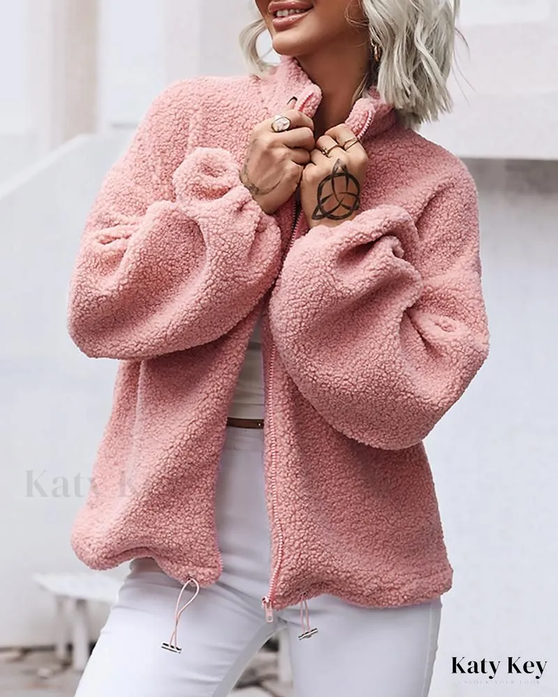KatyKey - Chic and Stylish Lantern Sleeve Zip Front Teddy Coat