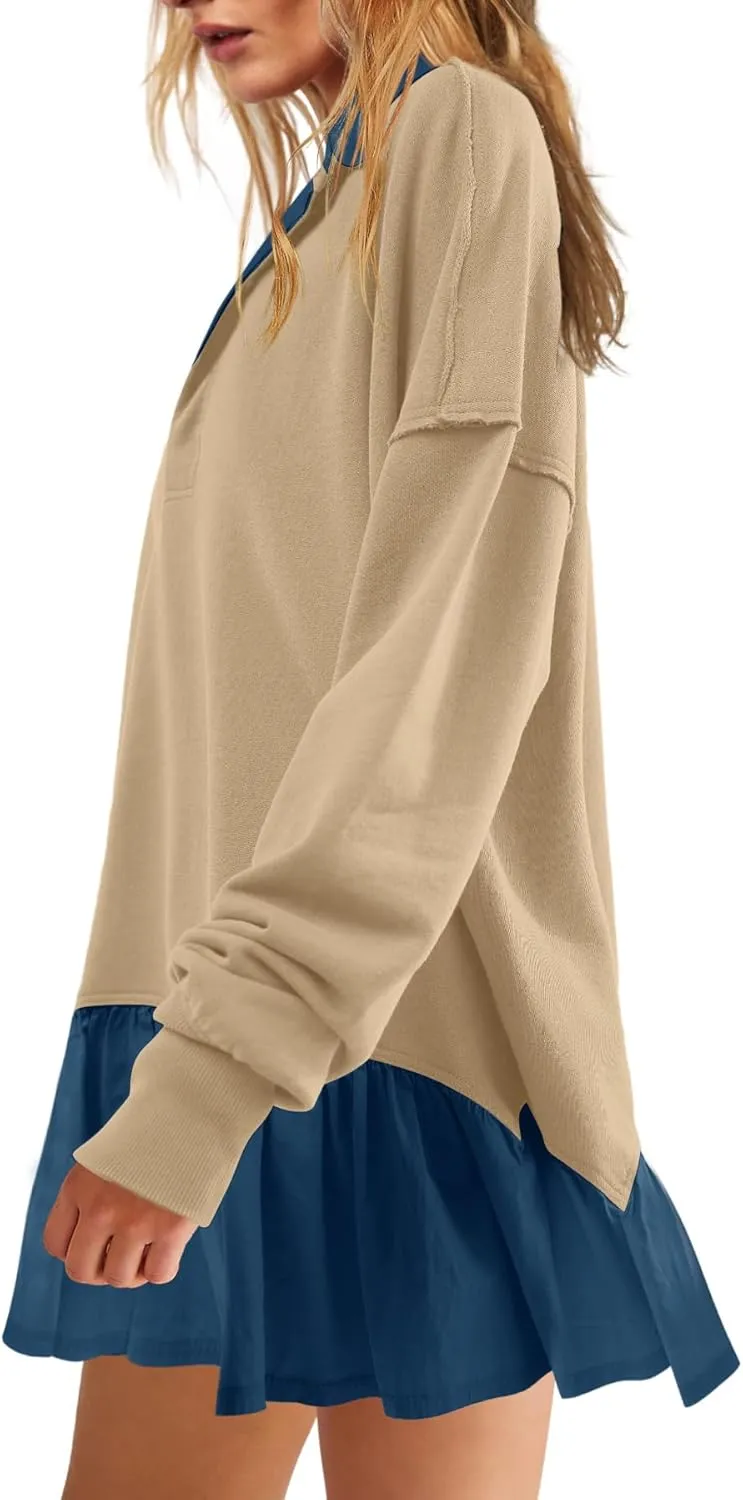 LAMISSCHE Womens Sweatshirt Dress Oversized Long Sleeve V Neck Pullover Tops Flowy Ruffle Patchwork Mini Dress