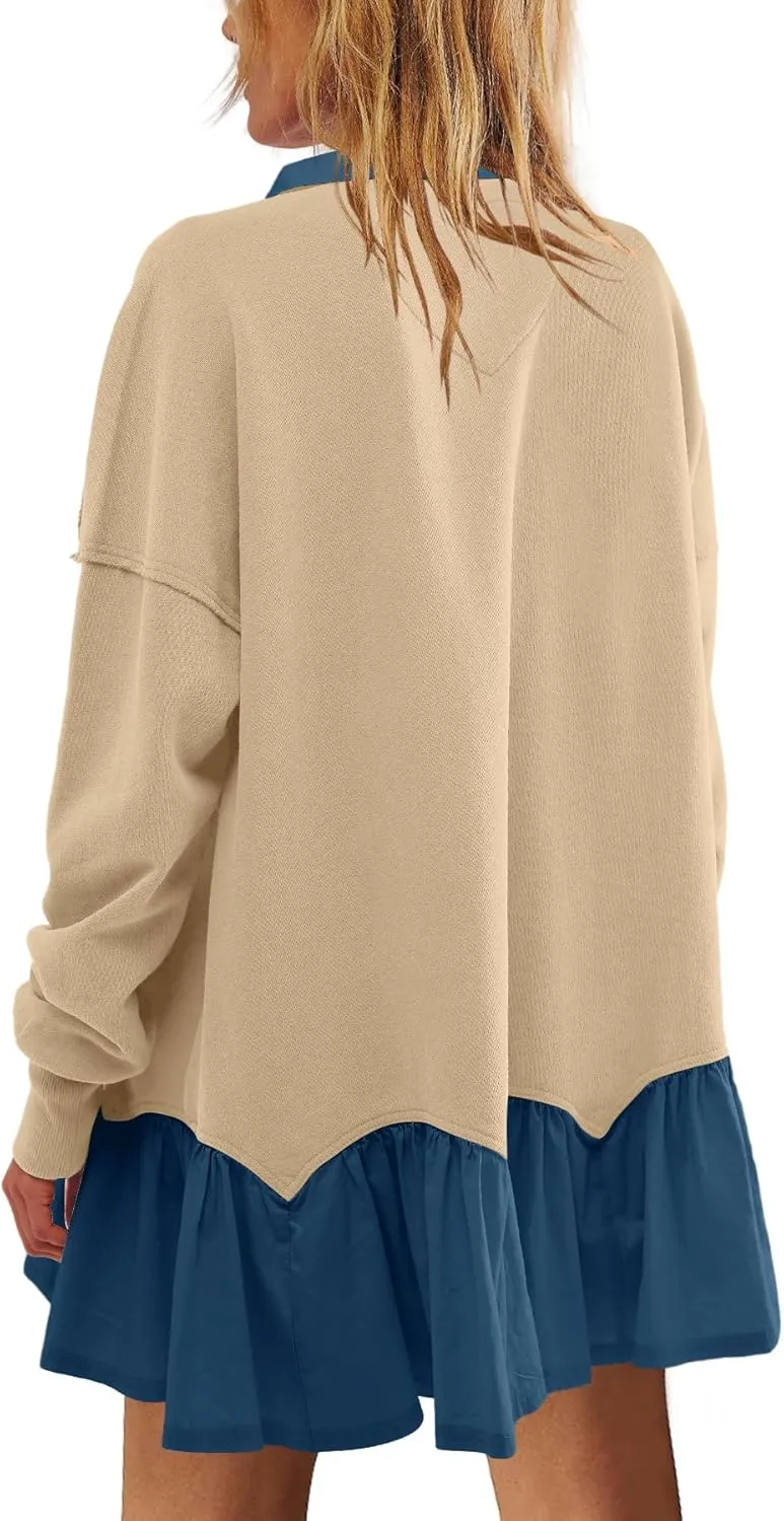 LAMISSCHE Womens Sweatshirt Dress Oversized Long Sleeve V Neck Pullover Tops Flowy Ruffle Patchwork Mini Dress