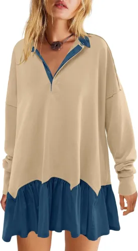 LAMISSCHE Womens Sweatshirt Dress Oversized Long Sleeve V Neck Pullover Tops Flowy Ruffle Patchwork Mini Dress