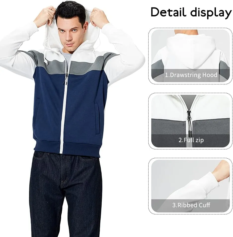 LBL Mens Slim Fit Long Sleeve Zip-up Fleece Hoodie Color Block Sweatshirt with Kangaroo Pocket