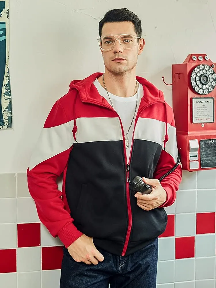 LBL Mens Slim Fit Long Sleeve Zip-up Fleece Hoodie Color Block Sweatshirt with Kangaroo Pocket