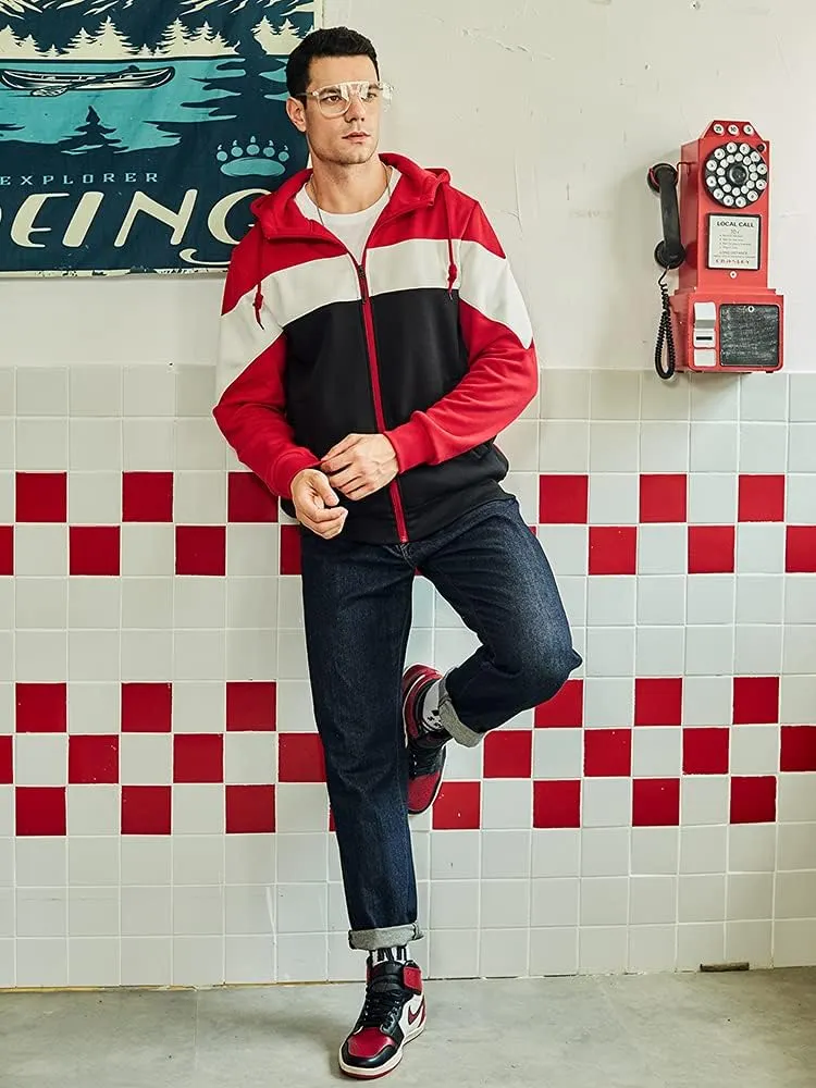 LBL Mens Slim Fit Long Sleeve Zip-up Fleece Hoodie Color Block Sweatshirt with Kangaroo Pocket