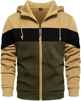 LBL Mens Slim Fit Long Sleeve Zip-up Fleece Hoodie Color Block Sweatshirt with Kangaroo Pocket