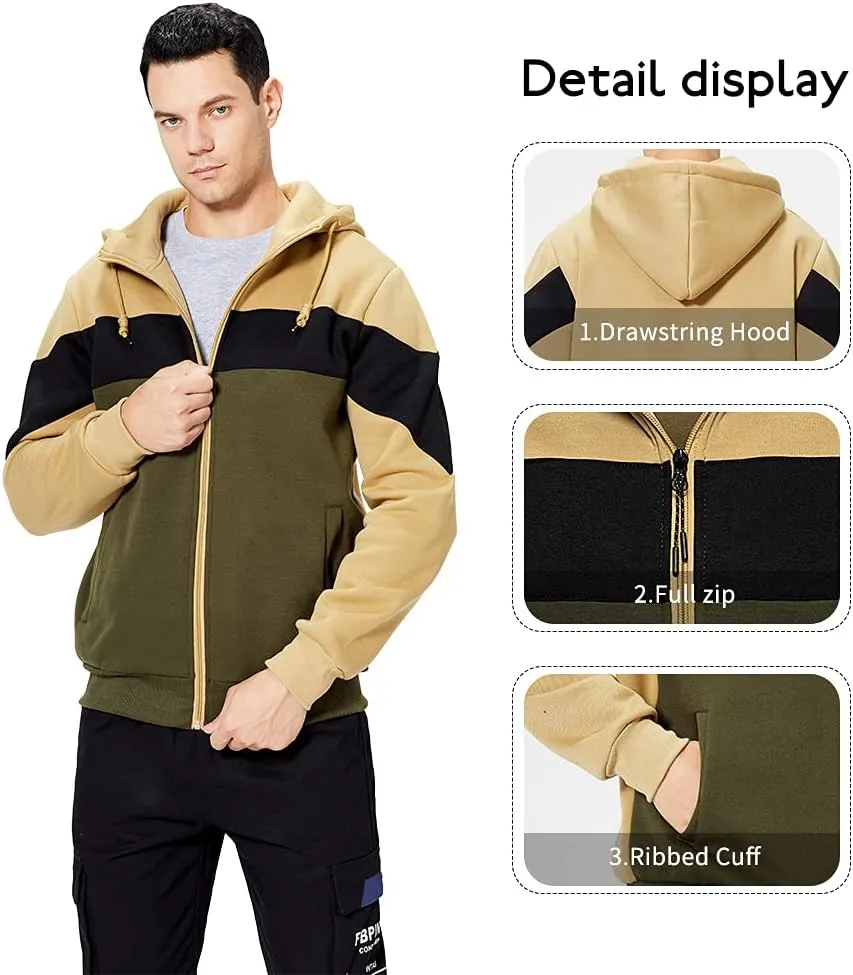 LBL Mens Slim Fit Long Sleeve Zip-up Fleece Hoodie Color Block Sweatshirt with Kangaroo Pocket
