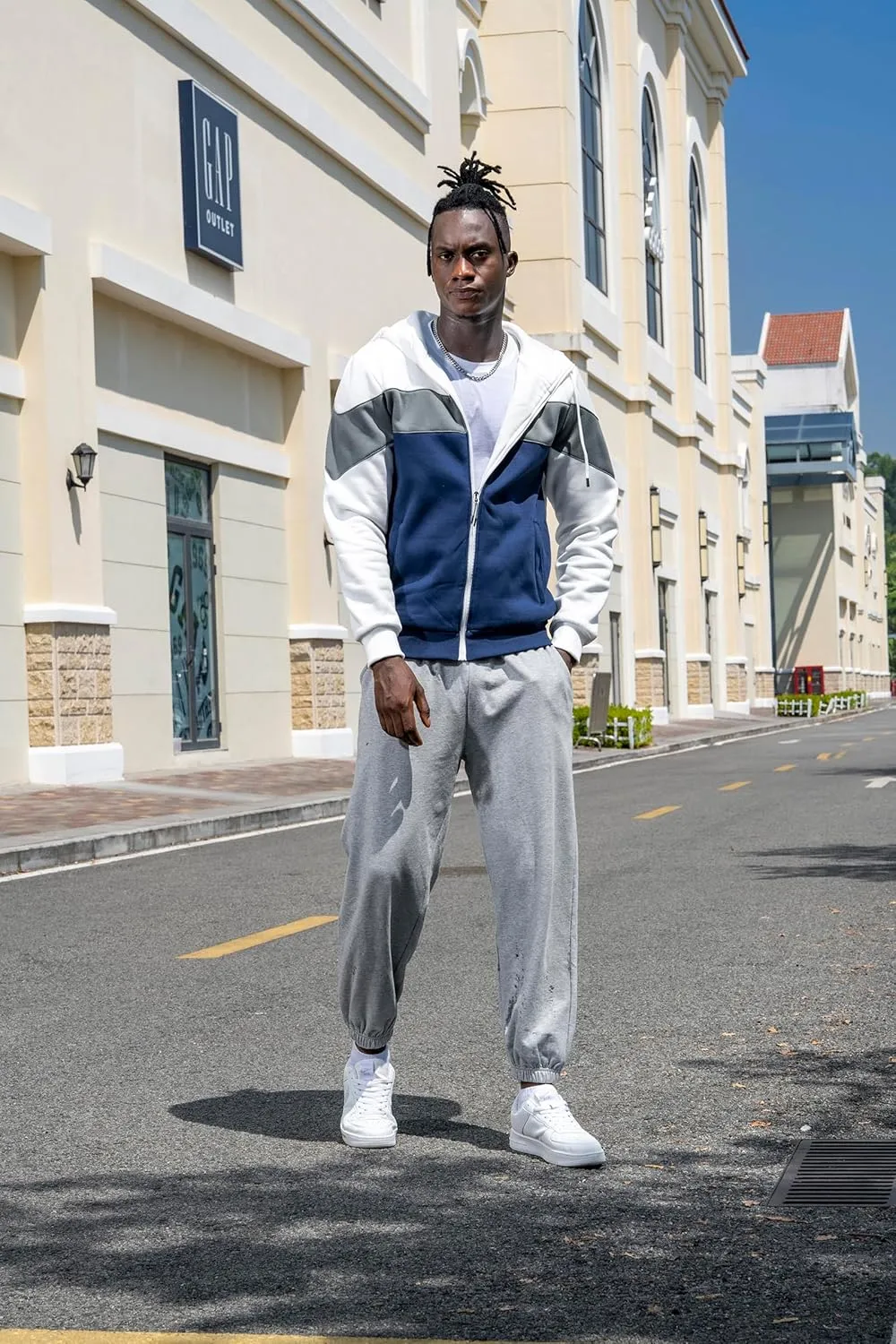 LBL Mens Slim Fit Long Sleeve Zip-up Fleece Hoodie Color Block Sweatshirt with Kangaroo Pocket