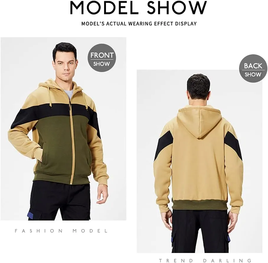 LBL Mens Slim Fit Long Sleeve Zip-up Fleece Hoodie Color Block Sweatshirt with Kangaroo Pocket