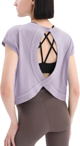 Loovoo Women's Open Back Workout Crop Tops Short Sleeve Yoga Shirts Cute Athletic Running Casual Backless Top Loose Fit