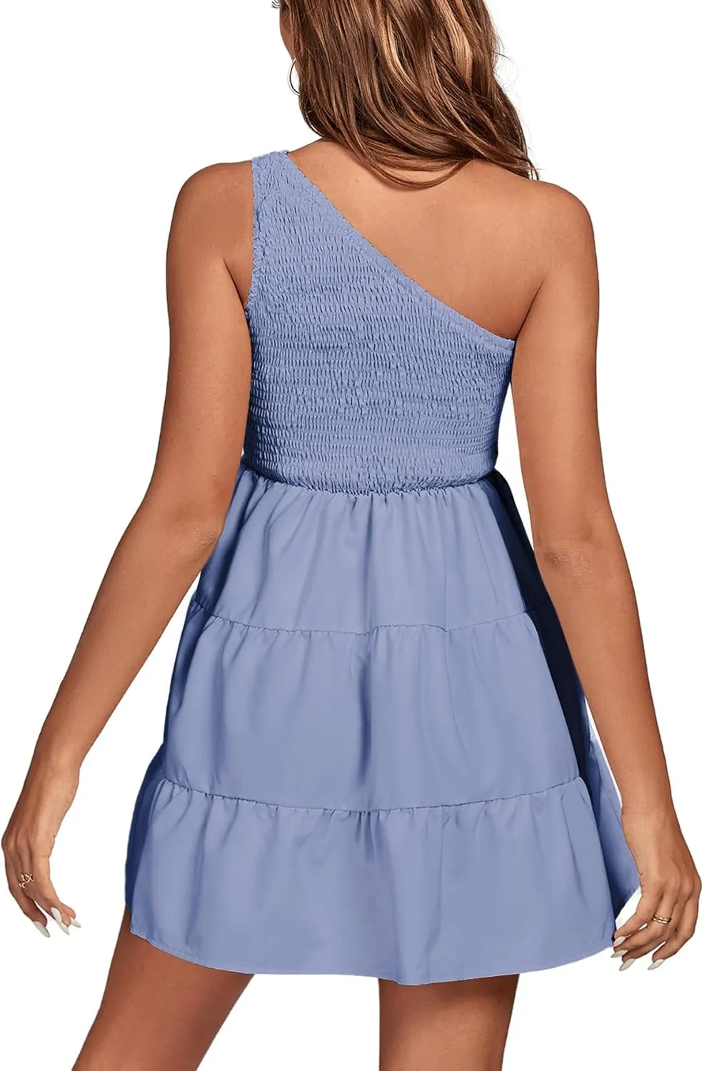 LYANER Women's One Shoulder Smocked Shirred Tiered Ruffle Sleeveless A-Line Mini Dress