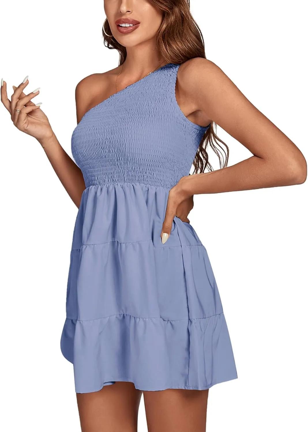LYANER Women's One Shoulder Smocked Shirred Tiered Ruffle Sleeveless A-Line Mini Dress