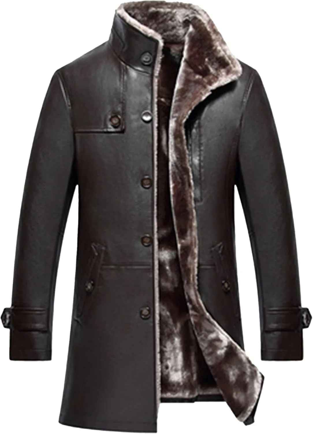 Maiyifu-GJ Mens Faux Leather Jacket Long Trench Coat Fleece Lined Leather Jacket Windproof Warm Thicken Motorcycle Biker Coat