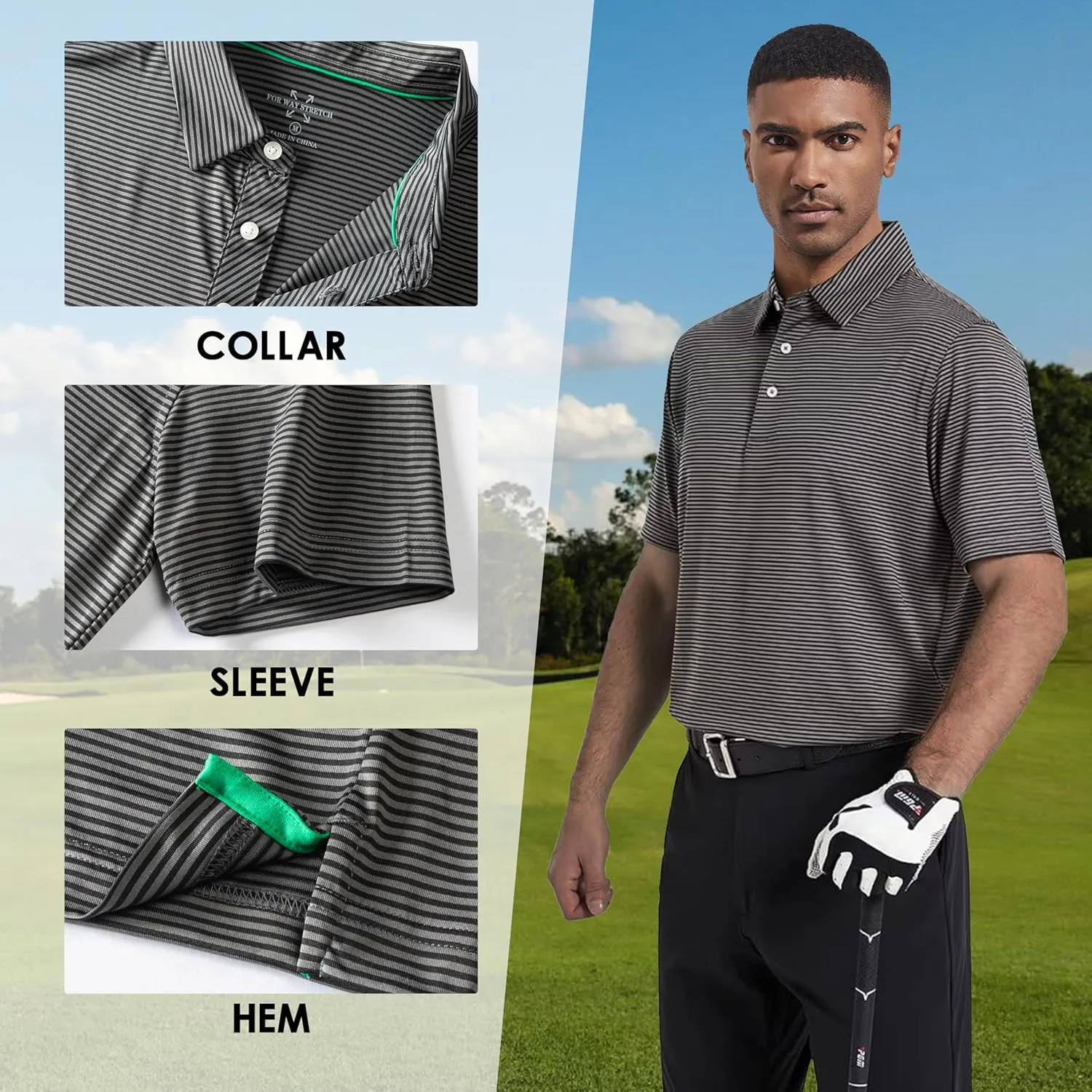 Mens Golf Polo Shirt Moisture Wicking Dry Fit Performance Athletic Short Sleeve Striped Golf Shirts for Men