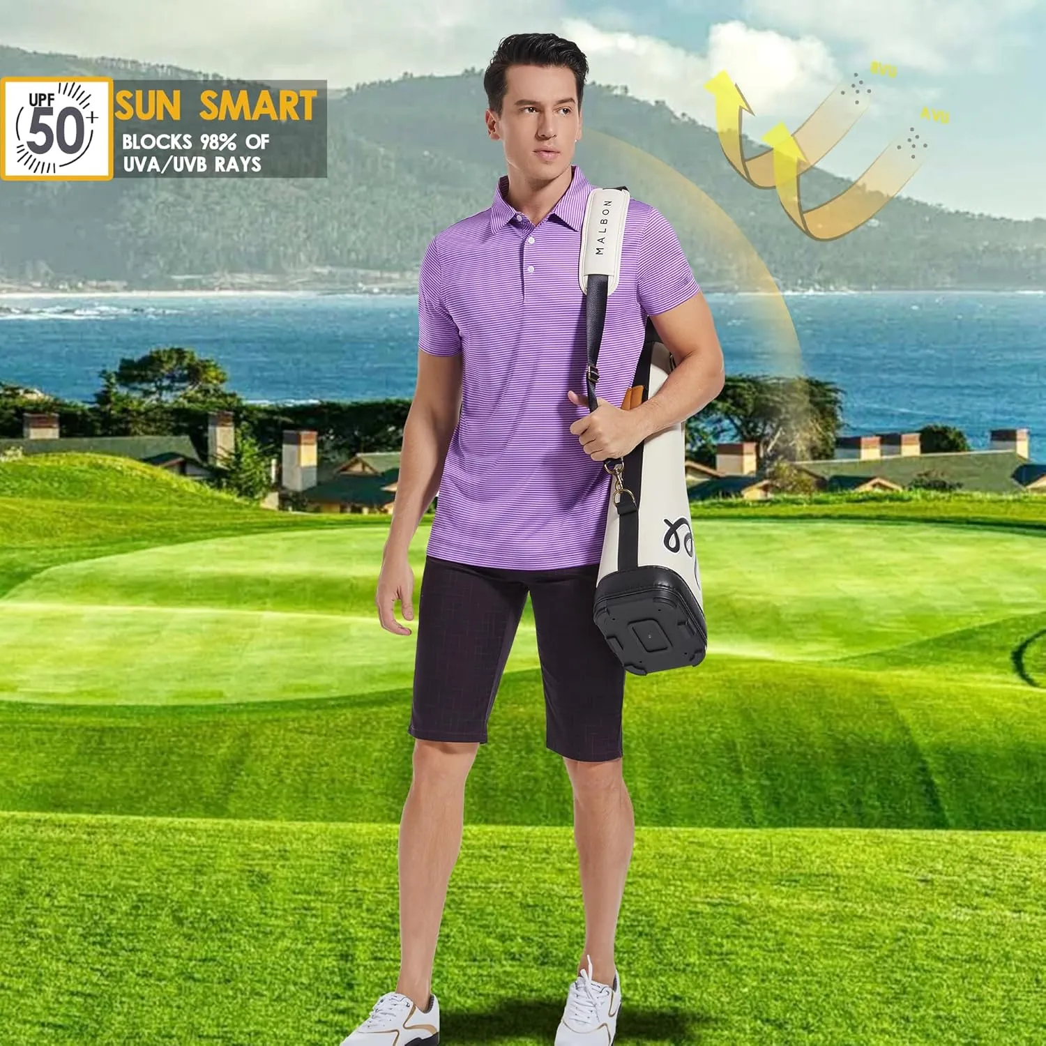 Mens Golf Polo Shirt Moisture Wicking Dry Fit Performance Athletic Short Sleeve Striped Golf Shirts for Men