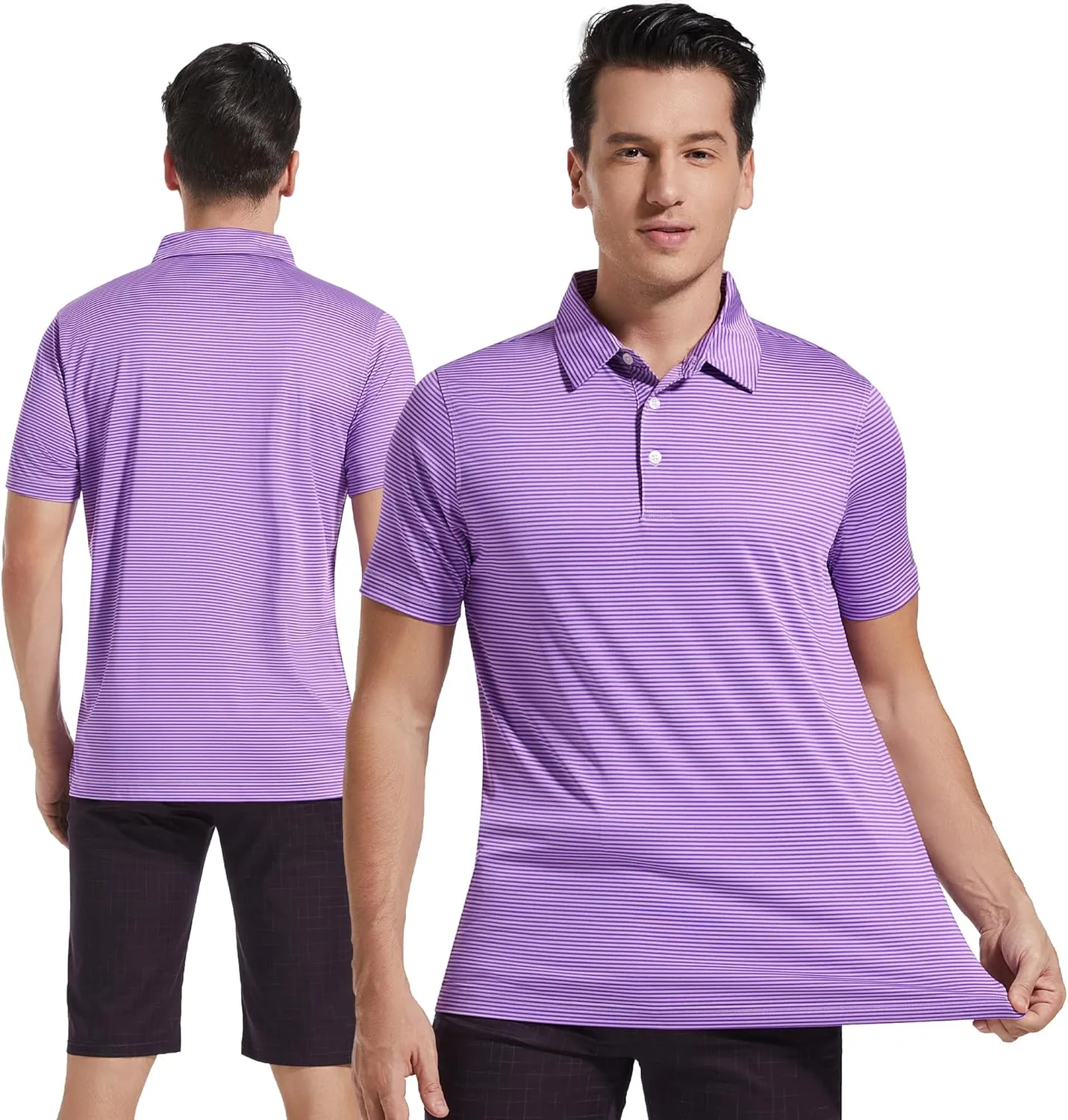 Mens Golf Polo Shirt Moisture Wicking Dry Fit Performance Athletic Short Sleeve Striped Golf Shirts for Men