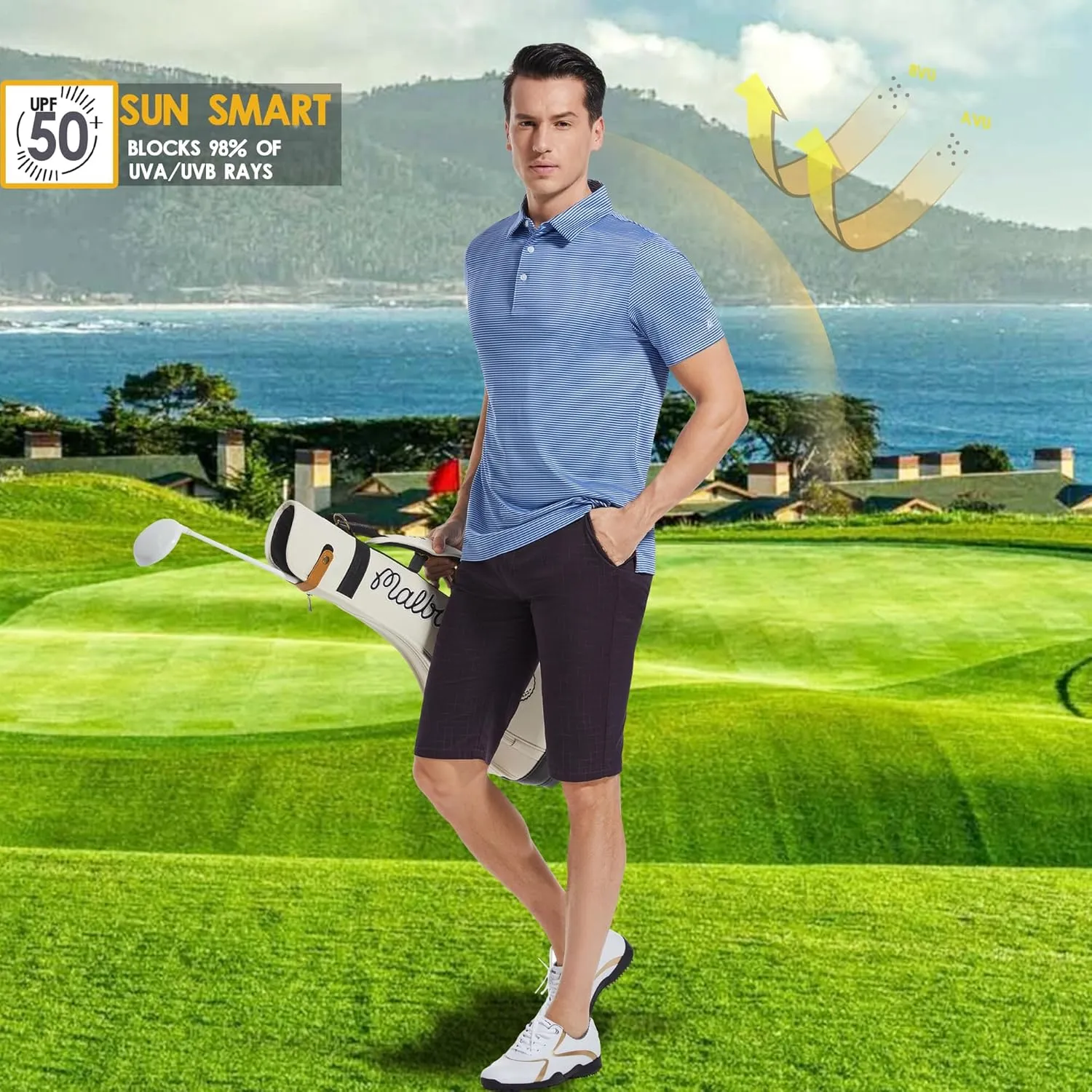 Mens Golf Polo Shirt Moisture Wicking Dry Fit Performance Athletic Short Sleeve Striped Golf Shirts for Men