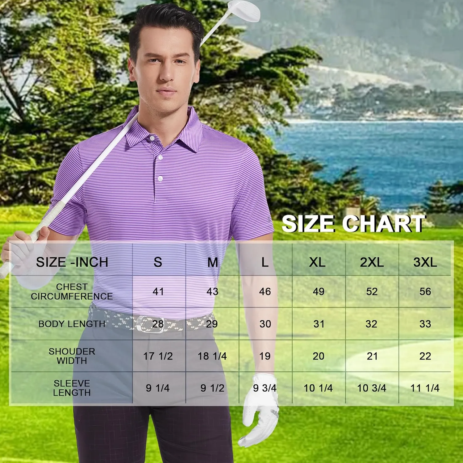 Mens Golf Polo Shirt Moisture Wicking Dry Fit Performance Athletic Short Sleeve Striped Golf Shirts for Men