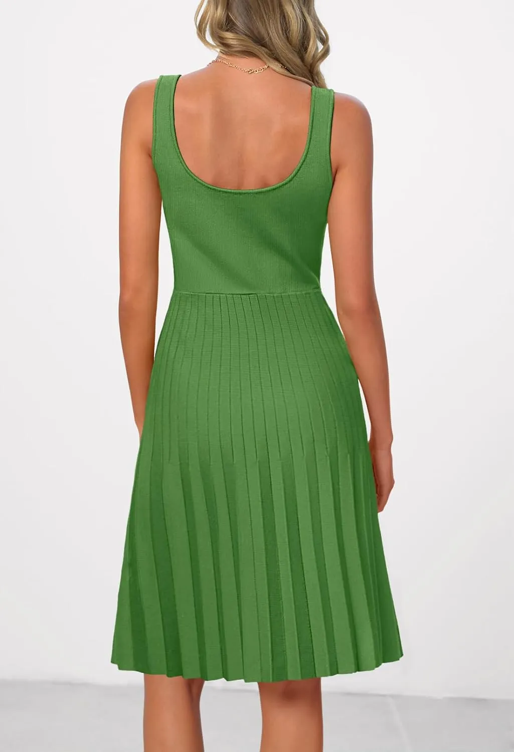 MEROKEETY Women's Summer Strap Square Neck Mini Dress Sleeveless Pleated A Line Swing Sweater Dress