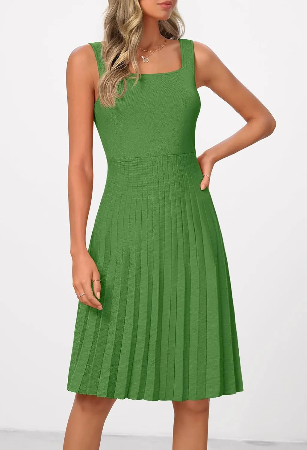 MEROKEETY Women's Summer Strap Square Neck Mini Dress Sleeveless Pleated A Line Swing Sweater Dress