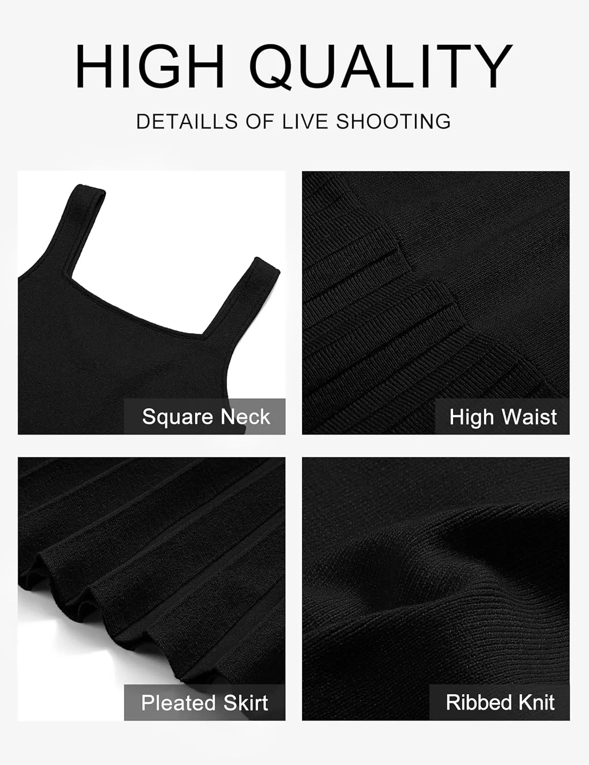 MEROKEETY Women's Summer Strap Square Neck Mini Dress Sleeveless Pleated A Line Swing Sweater Dress