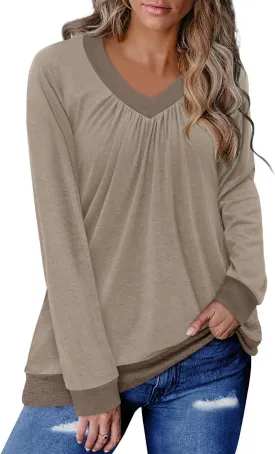 ONLYSHE Women's Blouses with Long Sleeves V Neck Loose Fit Casual Pullover Tunic Tops