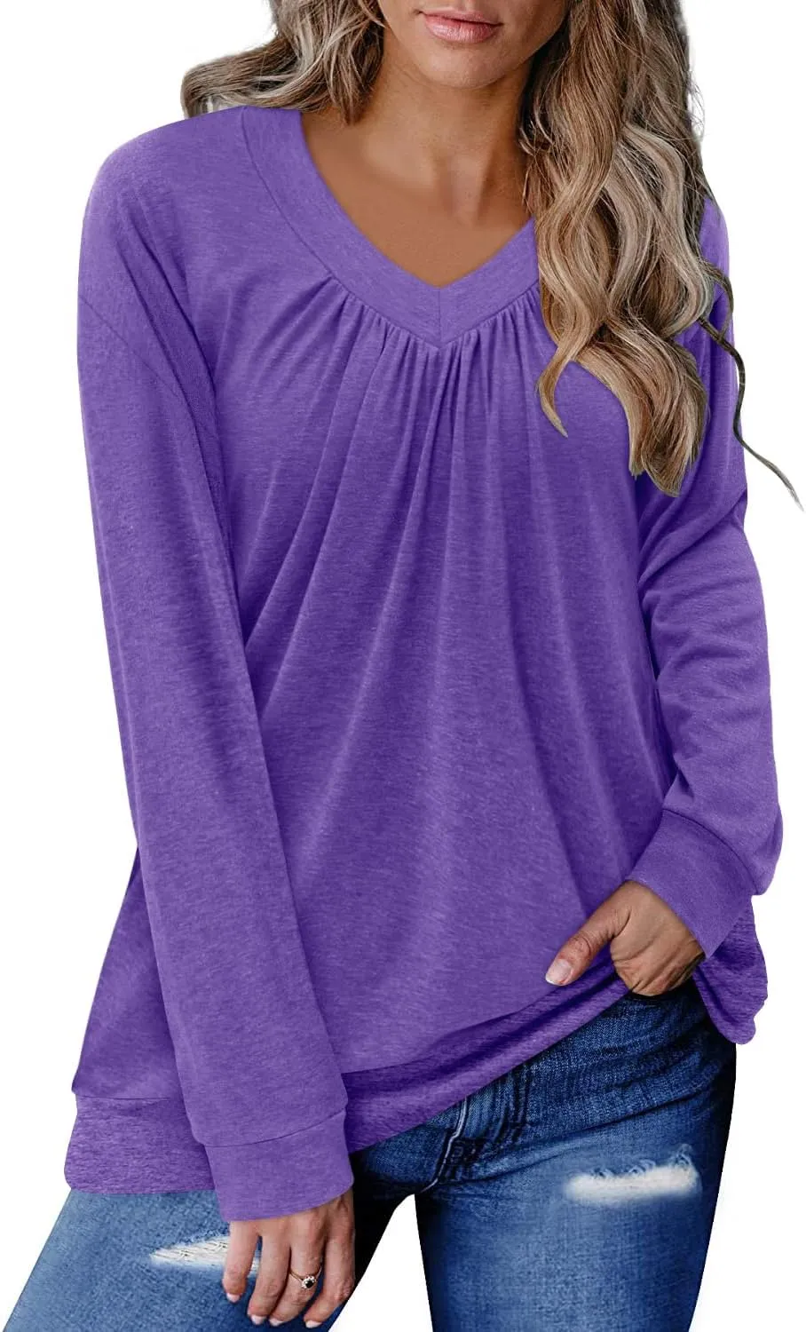 ONLYSHE Women's Blouses with Long Sleeves V Neck Loose Fit Casual Pullover Tunic Tops