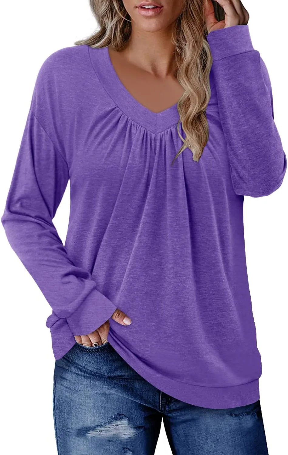 ONLYSHE Women's Blouses with Long Sleeves V Neck Loose Fit Casual Pullover Tunic Tops