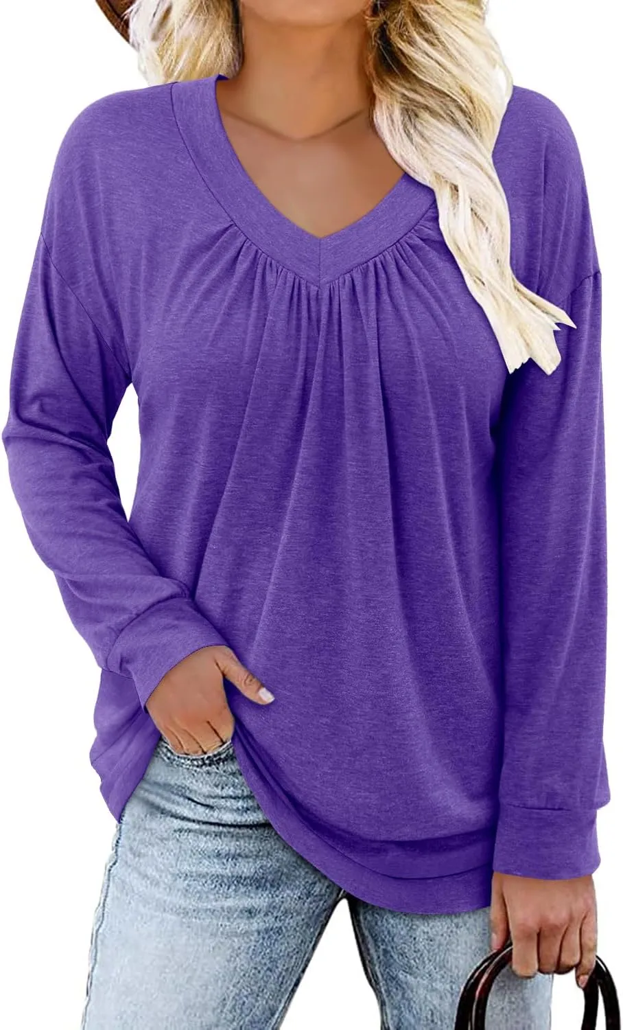 ONLYSHE Women's Blouses with Long Sleeves V Neck Loose Fit Casual Pullover Tunic Tops