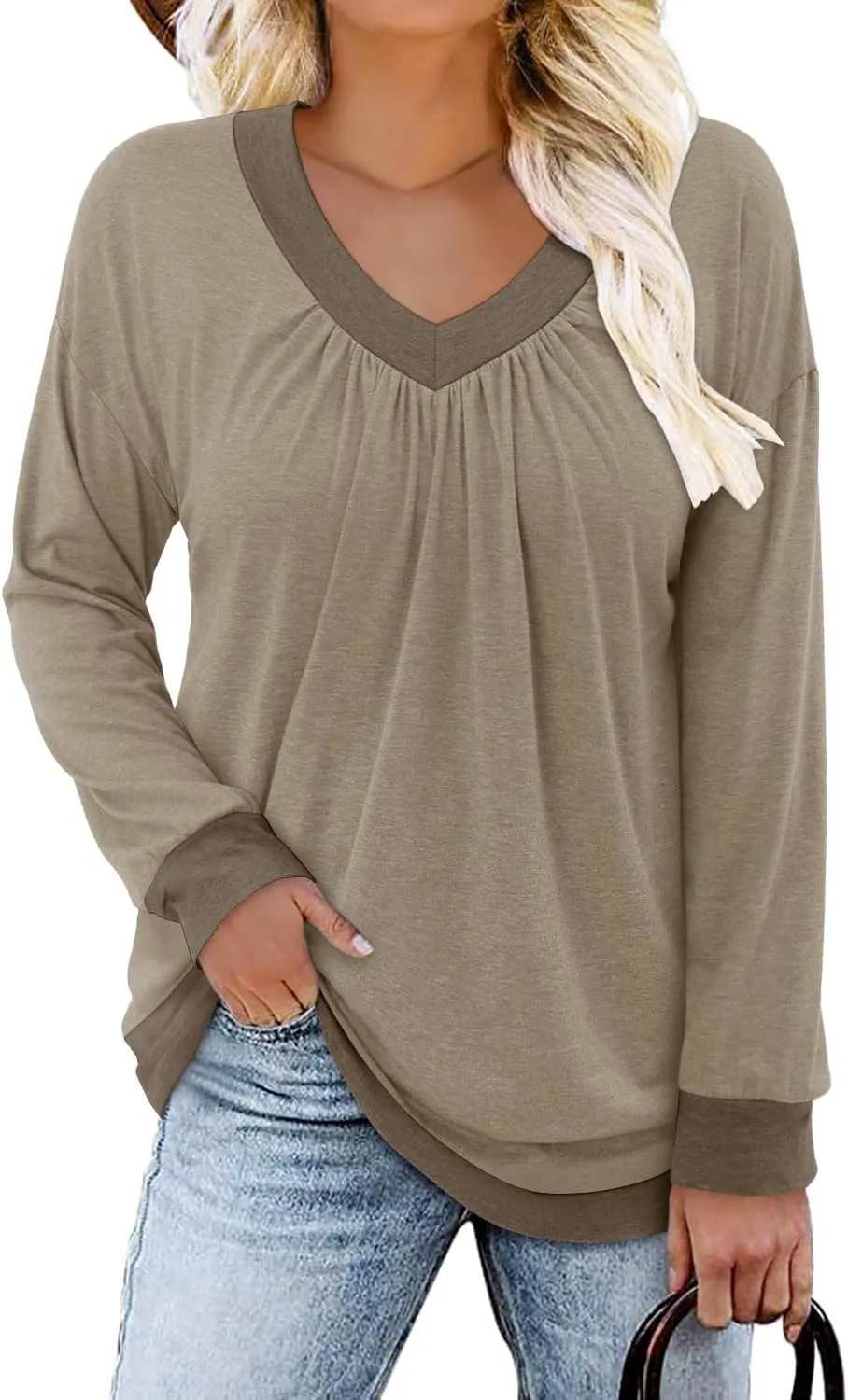 ONLYSHE Women's Blouses with Long Sleeves V Neck Loose Fit Casual Pullover Tunic Tops