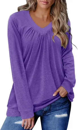 ONLYSHE Women's Blouses with Long Sleeves V Neck Loose Fit Casual Pullover Tunic Tops