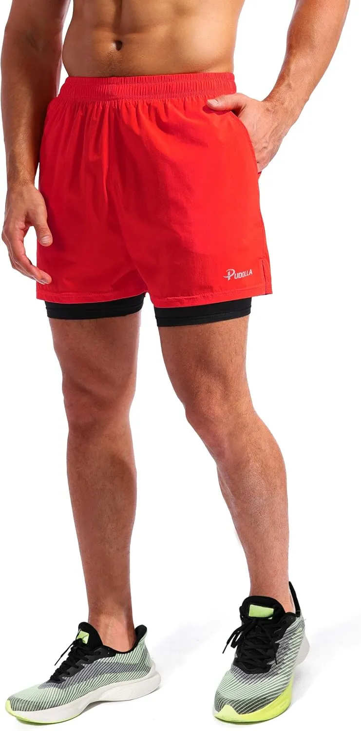 Pudolla Mens 2 in 1 Running Shorts 5"/7" Quick Dry Gym Athletic Workout Shorts for Men with Phone Pockets