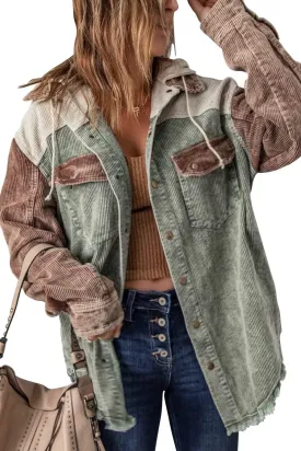 Ru Sweet Women's Corduroy Hooded Colorblock Long Sleeve Jacket Color Block Shirts Coat Outwear